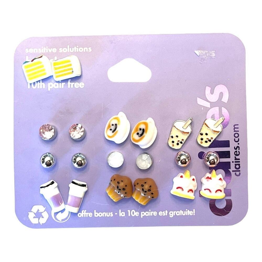 Claires Stud Earrings 10 Paire Coffee Muffins Unicorn Cake Boba Tea Crystal New